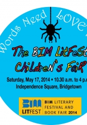 The Bim Litfest 2014 Invite button: 1. Print and cut out. 2. Glue to circular piece of card. 3. On the back, write your name, age, school/where you’re from and how you would "show words you love them too!" 4. Decorate; punch hole through top; thread with ribbon. 5. Bring to display at Children’s Fair! Forget your button? No worries—there will be loads more at Anansi’s Art Wall on the day. 