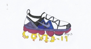 Drawing in pencil and markers of Nike VaporMax 2019 by Aeryn Sandiford, March 2020.