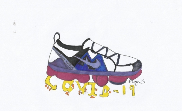 Drawing in pencil and markers of Nike VaporMax 2019 by Aeryn Sandiford, March 2020.
