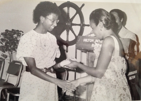 Linda M. Dean receiving journalism diploma at the Hilton in Barbados, 1982.