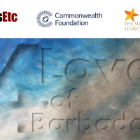 The words 4 Love of Barbados against a depiction of ocean and shoreline with the logos of ArtsEtc, the Commonwealth Foundation and the Summer Storyteller above (Background image: Izora Deane Devonish)