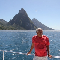 Derek Walcott (1930-2017) against the Pitons in St Lucia.