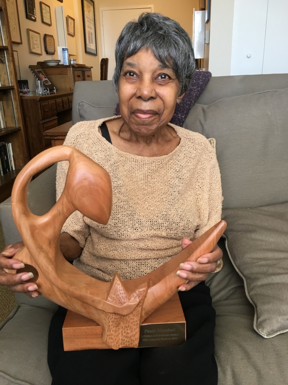 Author Paule Marshall at home with Bim LitFest Lifetime Achievement Award, May 2016.