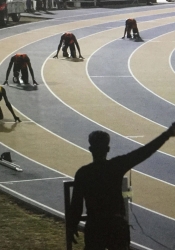 The National Stadium, Barbados.  Runners before the starter's pistol.  Photo by Steve "SD" Devonish, 2017.