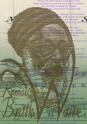 ANTONIO MARTORELL, Las Antillas Letradas, 2013, mural, 4’ 4” x 9’; woodcut and digital impression on papel (30 prints). Mural features 28 portraits layered over text and maps to create an A-Z of writers from the Antilles. Detail shows Kamau Brathwaite section of mural. 