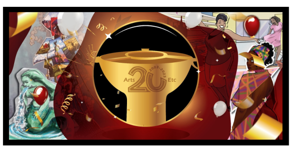 Coalpot illustration by Chaya Smith for ArtsEtc's 20th anniversary, also featuring past work of other graphic artist collaborators.