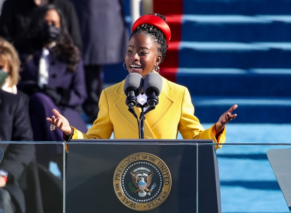 American poet Amanda Gorman reading at the Inauguration of President Joe Biden January 20, 2021.